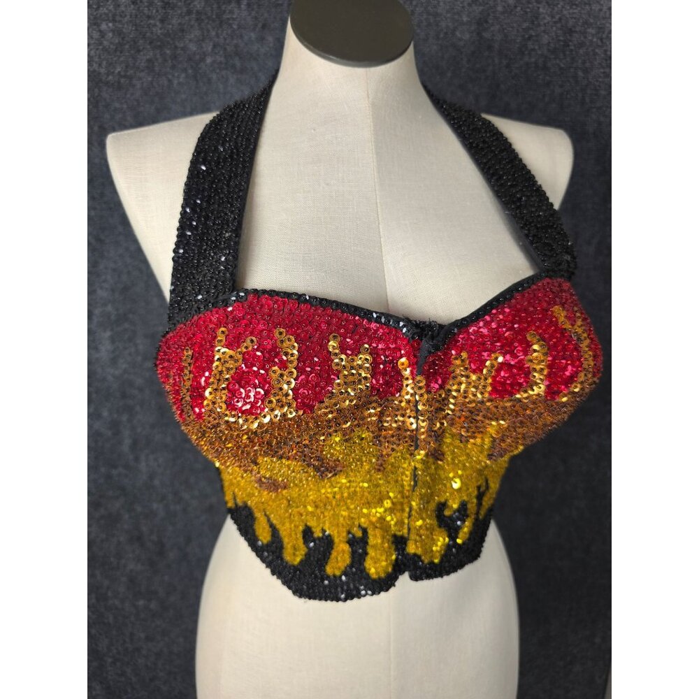 Sequin Flame Halter Bustier Top Handmade In Indonesia M Polyester Cotton Black R
